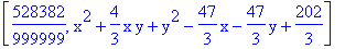 [528382/999999, x^2+4/3*x*y+y^2-47/3*x-47/3*y+202/3]